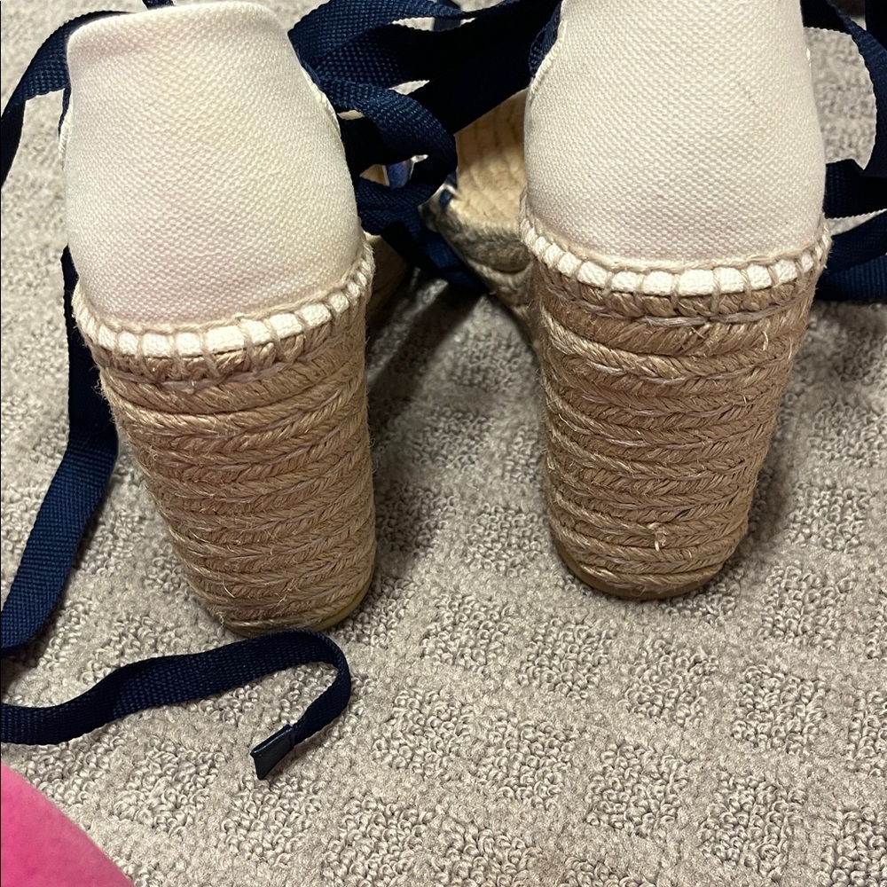 Gucci Navy, Red & Cream Espadrille Wedge Sandals with Ankle Ties - Picture 5 of 10
